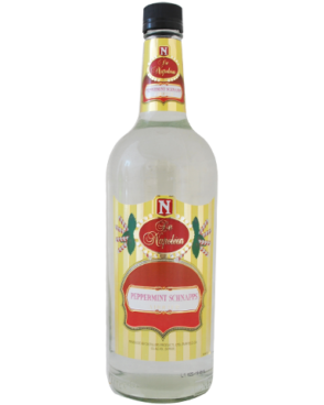 Image of a bottle of De Napoleon Peppermint Schnapps featuring a sleek design with a yellow label with peppermint sticks and white, gold, and red accents.