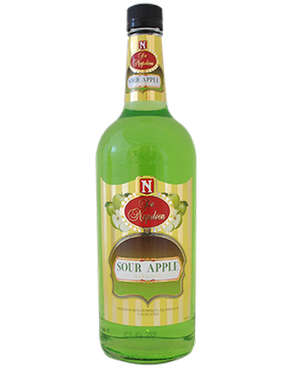 Image of a bottle of De Napoleon Sour Apple Liqueur featuring a sleek design with a yellow label with green apples and white, gold, and red accents.