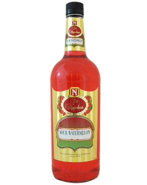 Image of a bottle of De Napoleon Sour Watermelon Liqueur featuring a sleek design with a yellow label with watermelons and white, gold, and red accents.