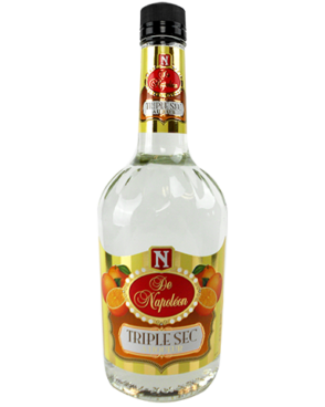 Image of a bottle of De Napoleon Triple Sec Liqueur featuring a sleek design with a yellow label with oranges and white, gold, and red accents.