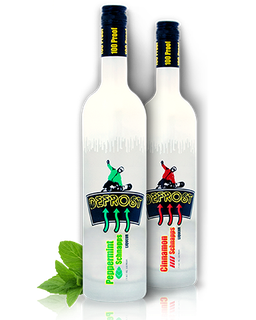 Image of white bottles of Defrost Peppermint and Cinnamon Schnapps featuring a sleek design with a green and red snowboarder, respectively, on a black and yellow logo with a green and red accents respectively.