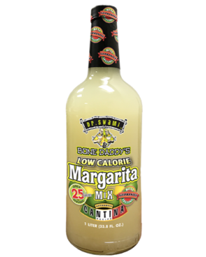 Image of a bottle of Dr. Swami & Bone Daddy's Low Calorie Margarita Mix featuring a sleek design with a clear label with limes and lemons and black, white, and yellow accents.