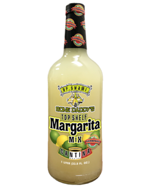 Image of a bottle of Dr. Swami & Bone Daddy's Margarita Mix featuring a sleek design with a clear label with limes and lemons and black, white, and yellow accents.