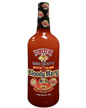 Image of a bottle of Dr. Swami & Bone Daddy's Spicy Cajun Bloody Mary Mix featuring a sleek design with a clear label with peppers and black, white, red, and yellow accents.