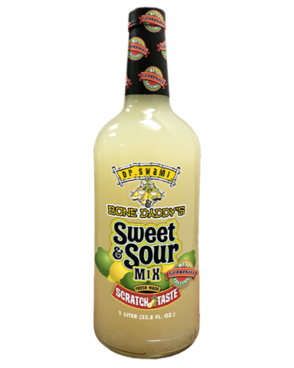 Image of a bottle of Dr. Swami & Bone Daddy's Sweet & Sour Mix featuring a sleek design with a clear label with limes and lemons and black, white, and yellow accents.