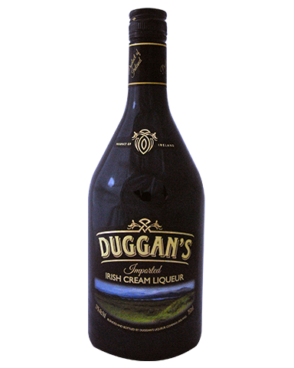 Image of a bottle of Duggan’s Irish Cream Liqueur featuring a sleek design with a clear label and gold accents.