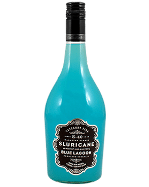 Image of a bottle of Sluricane Blue Lagoon Cocktail featuring a sleek design with a black label and silver accents.