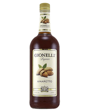 Image of a bottle of Gionelli Amaretto Liqueur featuring a sleek design with a white label with almonds and gold accents.