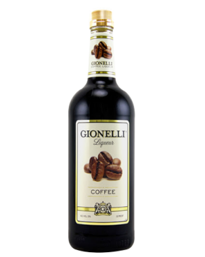 Image of a bottle of Gionelli Coffee Liqueur featuring a sleek design with a white label with coffee beans and gold accents.