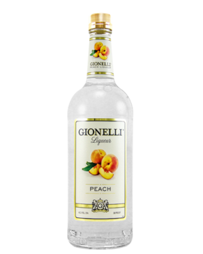 Image of a bottle of Gionelli Peach Liqueur featuring a sleek design with a white label with two peaches and gold accents.