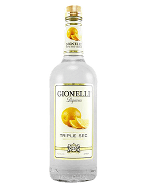 Image of a bottle of Gionelli Triple Sec Liqueur featuring a sleek design with a white label with an orange and gold accents.