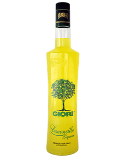 Image of a yellow bottle of Giori Lemoncillo Liqueur featuring a sleek design with a clear label with a green tree and green accents.