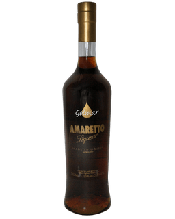 Image of a bottle of Golmar Amaretto Liqueur featuring a sleek design with a clear label and bronze accents.