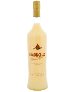 Image of a bottle of Golmar Limoncello Cream Liqueur featuring a sleek design with a clear label and brown accents.