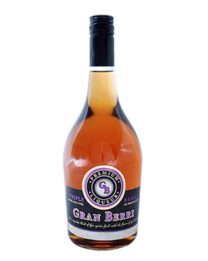 Image of a bottle of Gran Berri Liqueur featuring a sleek design with a black label and purple accents.