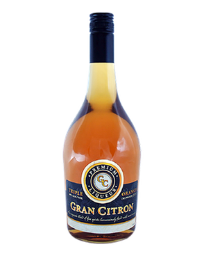 Image of a bottle of Gran Citron Liqueur featuring a sleek design with a blue label and orange accents.