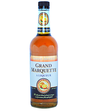 Image of a bottle of Grand Marquette Liqueur featuring a sleek design with a blue label with an orange and black accents.