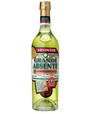 Image of a bottle of Grande Absente Liqueur featuring a sleek design with a white label and green and gold accents.