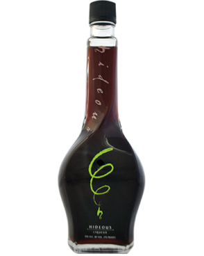 Image of a black bottle of Hideous Liqueur featuring a sleek design with a minimal green label and white accents.