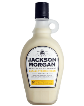 Image of a bottle of Jackson Morgan Banana Pudding Southern Cream Liqueur featuring a sleek design with a white label and yellow and black accents.