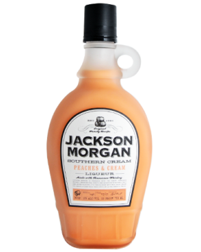 Image of a bottle of Jackson Morgan Peaches & Cream Southern Cream Liqueur featuring a sleek design with a white label and orange and black accents.