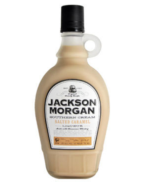 Image of a bottle of Jackson Morgan Salted Caramel Southern Cream Liqueur featuring a sleek design with a white label and brown and black accents.