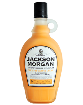 Image of a bottle of Jackson Morgan Whipped Orange Southern Cream Liqueur featuring a sleek design with a white label and orange and black accents.