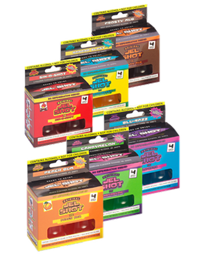 Image of 6 flavors of Jel Shots in boxes with colors of red, yellow, brown, orange, green, and blue.