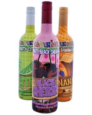 Image of 3 different bottles of Kahunaville Liqueur featuring a sleek design with all having a wood label and green, purple, or orange accents.