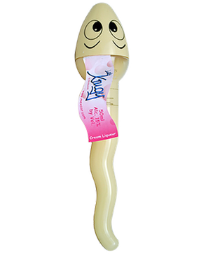 Image of a bottle of Krugy Caramel Vanilla Cream Liqueur in the shape of a sperm with a pink label.