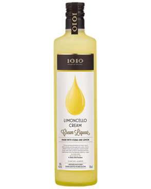 Image of a bottle of 1010 Limoncello Cream Liqueur featuring a sleek design with a white label and black and yellow accents.