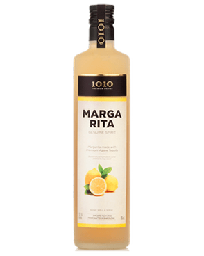 Image of a bottle of 1010 Margarita featuring a sleek design with a white label and black and orange accents.