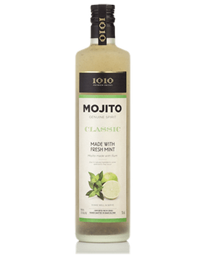 Image of a bottle of 1010 Mojito Classic featuring a sleek design with a white label and black and green accents.