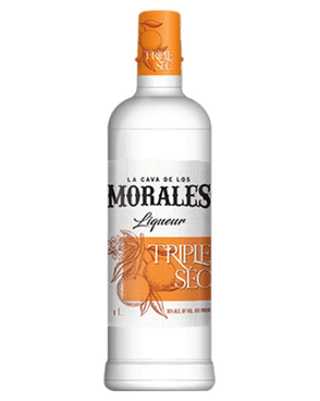 Image of a bottle of La Cava De Los Morales Triple Sec Liqueur featuring a sleek design with a white label with an orange and black accents.