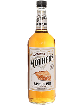 Image of a bottle of Mothers Apple Pie Liqueur featuring a sleek design with a white label with an apple pie and black accents.