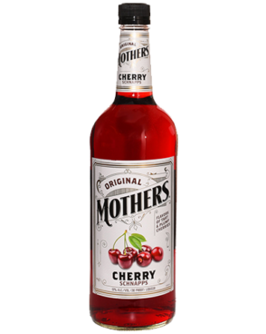 Image of a bottle of Mothers Cherry Schnapps featuring a sleek design with a white label with red cherries and black accents.