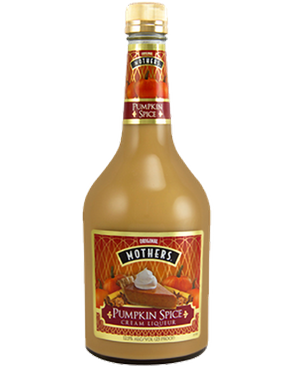 Image of a bottle of Mothers Pumpkin Spice featuring a sleek design with a pumpkin pie background label and white accents.