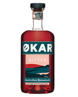 Image of a bottle of ØKAR Island Bitter Liqueur featuring a sleek design with a pink and blue label with a temple background and white accents.