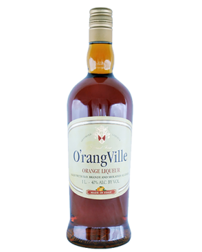 Image of a bottle of O’rangville Liqueur featuring a sleek design with a white label with red and black accents.