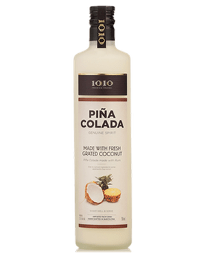 Image of a bottle of 1010 Piña Colada featuring a sleek design with a white label and black and brown accents.