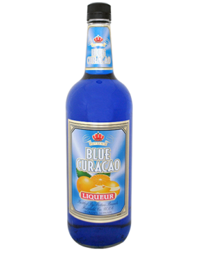 Image of a bottle of Potter's Blue Curacao featuring a sleek design with a blue label with oranges and white accents.