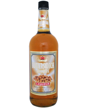 Image of a bottle of Potter's Butterscotch Schnapps featuring a sleek design with a bronze label with butterscotch cubes and white accents.