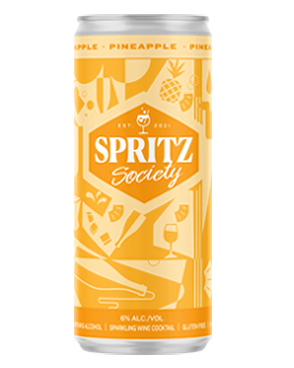 Image of a can of Spritz Society Pineapple Cocktail featuring a sleek design with a yellow label and white accents.