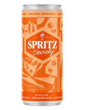 Image of a can of Spritz Society Blood Orange Cocktail featuring a sleek design with an orange label and white accents.