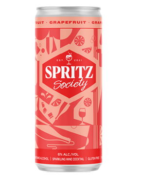 Image of a can of Spritz Society Grapefruit Cocktail featuring a sleek design with a red label and white accents.