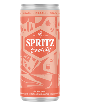 Image of a can of Spritz Society Peach Cocktail featuring a sleek design with a light orange label and white accents.