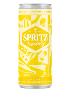 Image of a can of Spritz Society Lemon Cocktail featuring a sleek design with a yellow label and white accents.