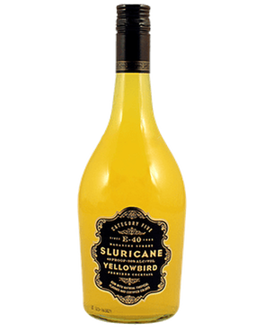 Image of a bottle of Sluricane Yellowbird Cocktail featuring a sleek design with a black label and gold accents.