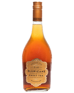 Image of a bottle of Sluricane Sweet Tea Cocktail featuring a sleek design with a gold label and bronze accents.