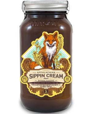 Image of a jar of Sugarlands Appalachian Banana Pudding Sippin' Cream Liqueur featuring a sleek design with a teal and yellow label with a fox and brown accents.